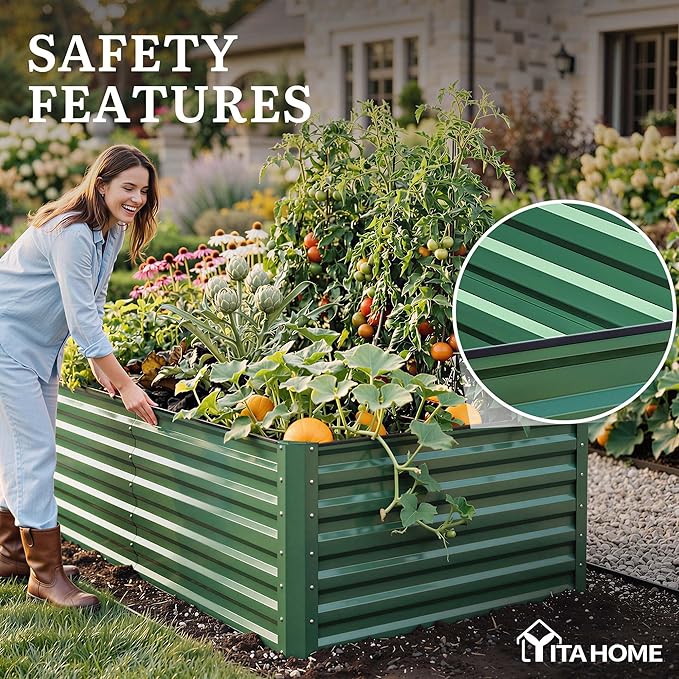YITAHOME 8x4x2ft Large Raised Garden Bed Kit, Galvanized Metal Planter Box with Gloves, Ground Nails, Support Rod & Safety Rubber, Outdoor Above Ground Planters for Plants Vegetables Flowers, Green