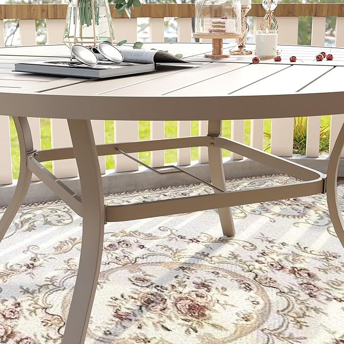VICLLAX 63" Outdoor Round Patio Table with Umbrella Hole, All Weather Metal Round Outdoor Dining Table for Lawn Garden, 8-10 Person Table, Sandshell