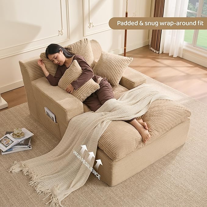63" Chaise Lounge Chair Indoor, Set of Convertible Sleeper Sofa Couch with Throw Pillows & Side Pockets, Corduroy Upholstered Oversized Sofa Bed with Armrests for Living Room Bedroom, Camel