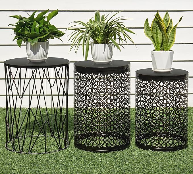 HFHOME Set of 3 Heavy-Duty Round End Table, Side Table, Coffee Table for Indoor Multifunctional Use, Outdoor Decorative Garden Stool Plant Stand-Bronze