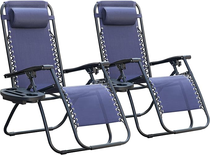 Homall Zero Gravity Chair Patio Folding Lawn Outdoor Lounge Gravity Camp Reclining Lounge Chair with Cup Holder Pillows for Poolside Backyard and Beach Set of 2 (Blue)