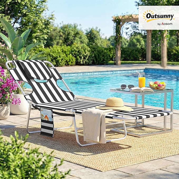 Outsunny Chaise Lounge Chair Outdoor with Face Arm Hole, 5-Position Reclining Face Down Tanning Chair with Carry Strap, Side Pocket, Portable Folding Bed Cot for Patio Beach Pool, Black Stripe