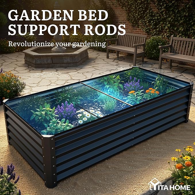 YITAHOME 8x4x1.5ft 2pcs Large Raised Garden Bed Kit, Galvanized Metal Planter Box with Gloves, Ground Nails & Safety Rubber, Outdoor Above Ground Planters for Plants Vegetables Flowers, Black