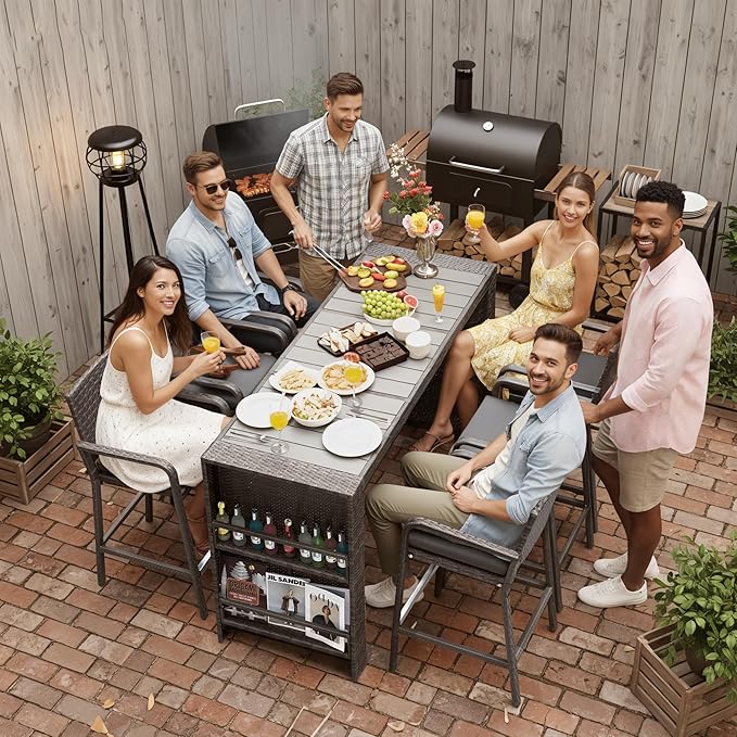 NICESOUL 7-Piece Outdoor Patio Bar Set, Wicker High Top Table with 6 Cushioned Chairs and Hidden Double Storage Shelves, Rattan Counter Bar Height Dining Set for Backyard, Garden, Poolside, Gray