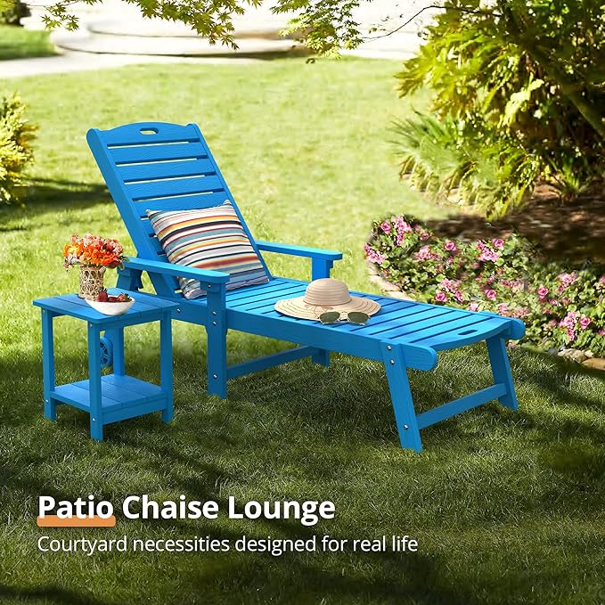 LUE BONA Outdoor Chaise Lounge Chairs Set of 4, HDPS Chaise Lounger, 5 Positions Adjustable Lounge Chairs, Pool Lounge Chair with Wheels for Poolside, Blue
