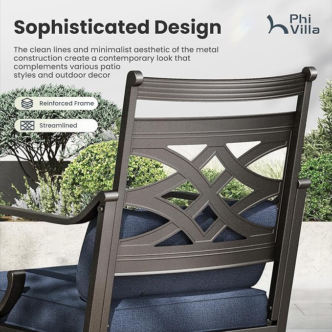 PHI VILLA 5 Pieces Outdoor Dining Set for 4, 42" Square Brown Metal Table with Umbrella Hole & Wrought Iron Swivel Chairs, Large Outside Furniture with Blue Cushions & Pillows for Patio, Deck, Porch