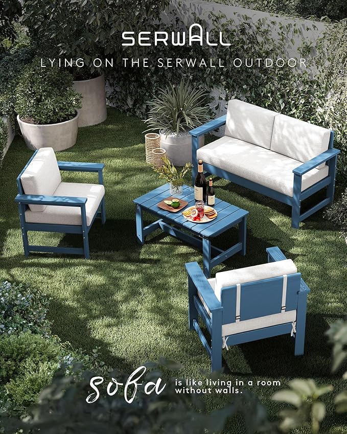 SERWALL 6 Pieces HDPE Outdoor Sofa Set with Cushions, Outdoor Conversation Couch Loveseat Furniture Set with Coffee Table for Balcony, Deck, Poolside, Black Frame with Khaki Cushions