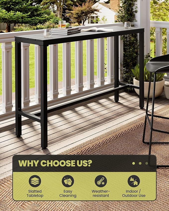 Crestlive Products Outdoor Bar Table and Chairs Set, 3 Piece Outside Patio Bar Set with 55" Long Bar Table and 2 Bar Stools for Balcony, Bistro, Garden, Backyard(Black Desktop and Beige Cushion)
