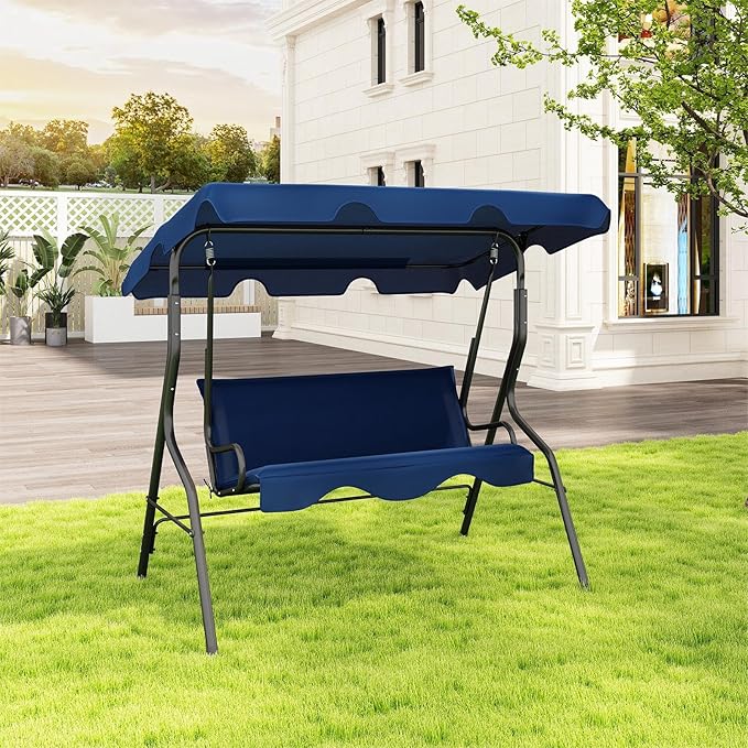 Porch Swing Outdoor, 3 Person Patio Swing w/Removable Cushion, Stand & Adjustable Canopy, Heavy Duty Swing Chair for Patio, Garden, Courtyard, Poolside