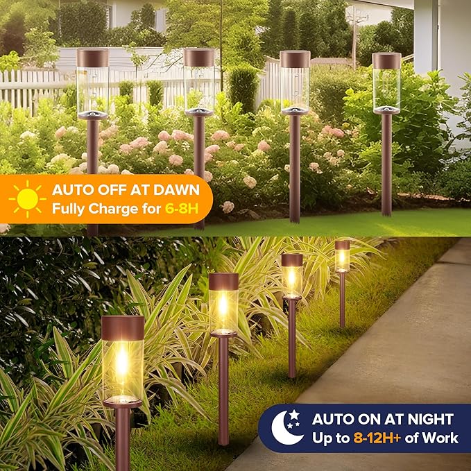 UME 2 Pack Solar Pathway Lights Outdoor, Bright Solar Garden Lights with Metal Design–IP65 Waterproof, Auto On/Off, 3000K LED Landscape Lighting for Yard, Lawn, Walkway, Driveway, Patio Decor
