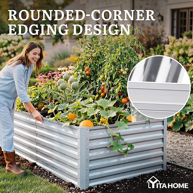 YITAHOME 6x3x2ft Large Raised Garden Bed Kit, Galvanized Metal Planter Box with Gloves, Ground Nails, Support Rod, Outdoor Above Ground Planters for Plants Vegetables Flowers, Silver
