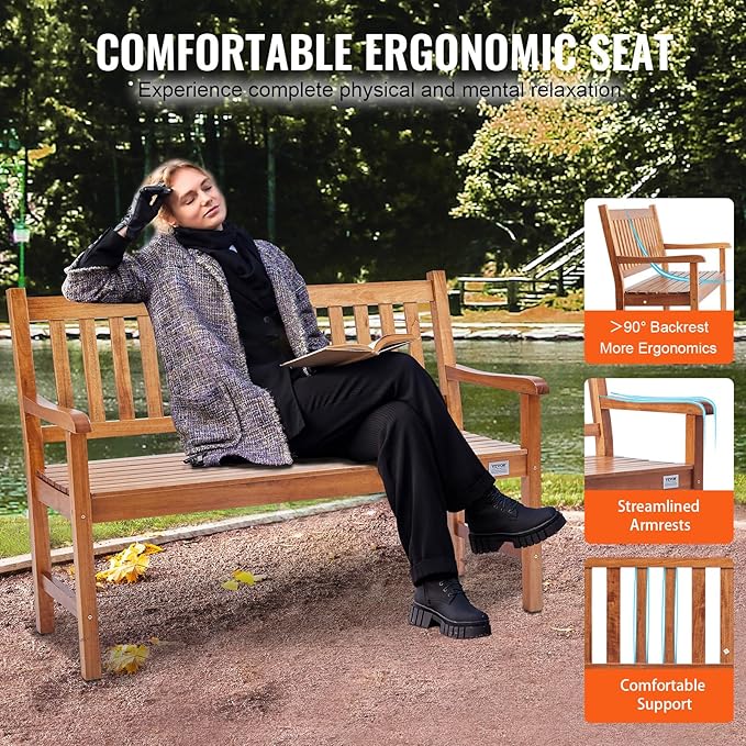 VEVOR Wood Outdoor Bench, 2-Person Garden Bench with Backrest and Armrests, 800 lbs Load Capacity,All-Weather Never Rot Patio Bench for Garden, Park, Yard, Front Porch