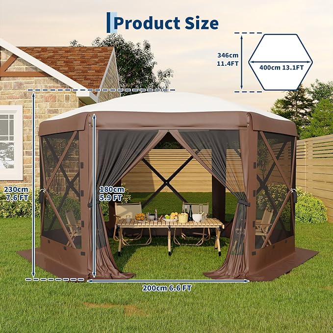 13x13FT 6-Sided Pop Up Gazebo Tent，One-Push Setup Canopy Tent with Removable Canopy Top & Wind Cloths, Outdoor shelter for Camping, Backyard Parties, Outdoor Events - Beige & Khaki