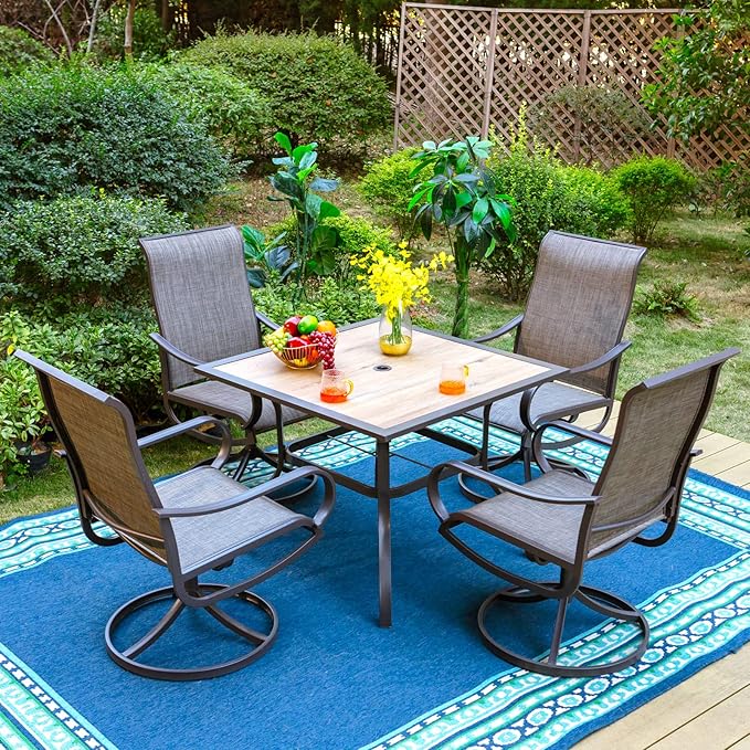 PHI VILLA Patio Dining Table for Outside, 37" x 37" Square Outdoor Dining Table for 4, Premium PVC Table Top with 1.57" Umbrella Hole and Metal Frame