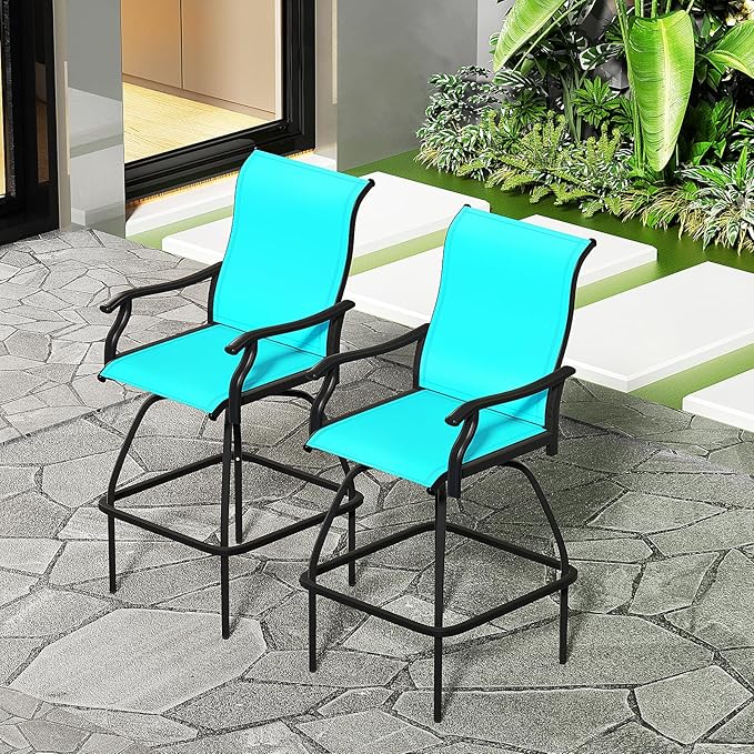 LEVELEVE Patio Bar Set 2pcs Swivel Bar Stools Outdoor Bistro Textilene Furniture Stability All-Weather Set (2, Lake Blue Padded)