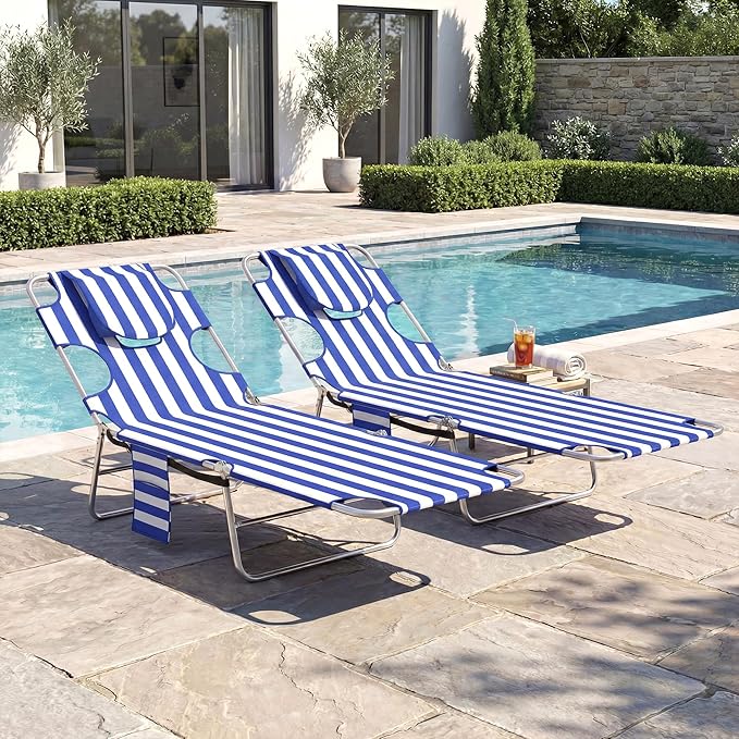 Outsunny Chaise Lounge Chair Outdoor Set of 2 with Face Arm Hole, 5-Position Reclining Face Down Tanning Chair with Carry Strap, Side Pocket, Portable Folding Bed Cot for Patio Beach Pool, Blue Stripe
