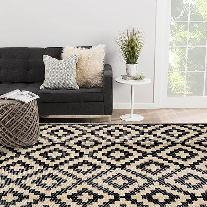 SAND MINE Waterproof Outdoor Rug 9x12 ft, Plastic Reversible Rug, Modern Area Rug, Large Floor Mat for Outdoors, RV, Patio, Backyard, Deck, Picnic, Beach, Camping