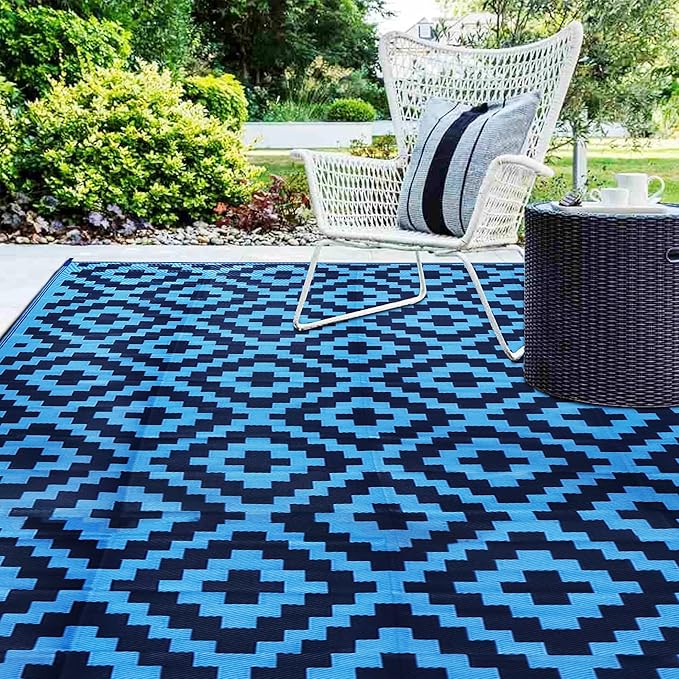 SAND MINE Waterproof Outdoor Rug 9x18 ft, Plastic Reversible Rug, Modern Area Rug, Large Floor Mat for Outdoors, RV, Patio, Backyard, Deck, Picnic, Beach, Camping, Blue