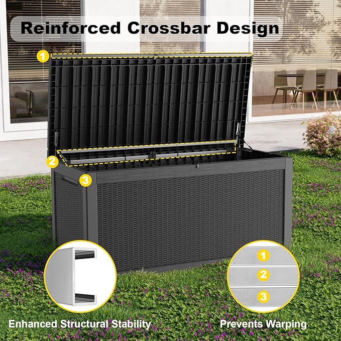 320 Gallon Outdoor Deck Box, Lockable Waterproof Outdoor Storage Boxes For Garden Tools,Indoor Cushions,Accessories Outside Storage Resin Weatherproof Container(Black)