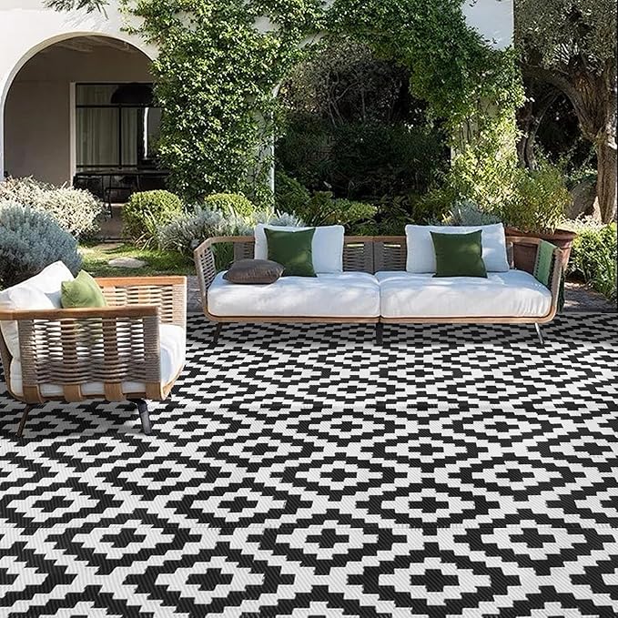 SAND MINE Waterproof Outdoor Rug 8x10 ft, Plastic Reversible Rug, Modern Area Rug, Large Floor Mat for Outdoors, RV, Patio, Backyard, Deck, Picnic, Beach, Camping (8' x 10', Black & White Lattice)