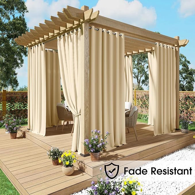 NICETOWN Fade Resistant Outdoor Curtains for Patio Waterproof, Lightfastness Grade 4 Longlasting Outside Drapes for Porch, Gazebo, Sun Blocking Blackout Shades 2 Panels, Biscotti Beige, W52 x L84 in