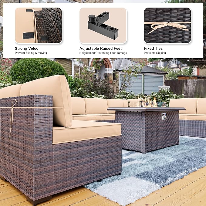 Kullavik 13 Pieces Outdoor Patio Furniture Set,PE Wicker Rattan Sectional Sofa Patio Conversation Sets with 43" 55000BTU Gas Propane Fire Pit Table,Swivel Rocking Chairs Set,Sand
