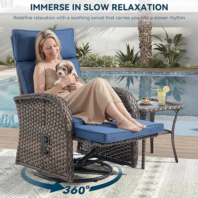 Zero Gravity Patio Swivel Rocking Recliner Chair - Wicker Outdoor Lounge Chair with Adjustable Backrest & Footrest, All Weather Reclining Rocker Chairs with Thick Cushion for Pool Deck Blue