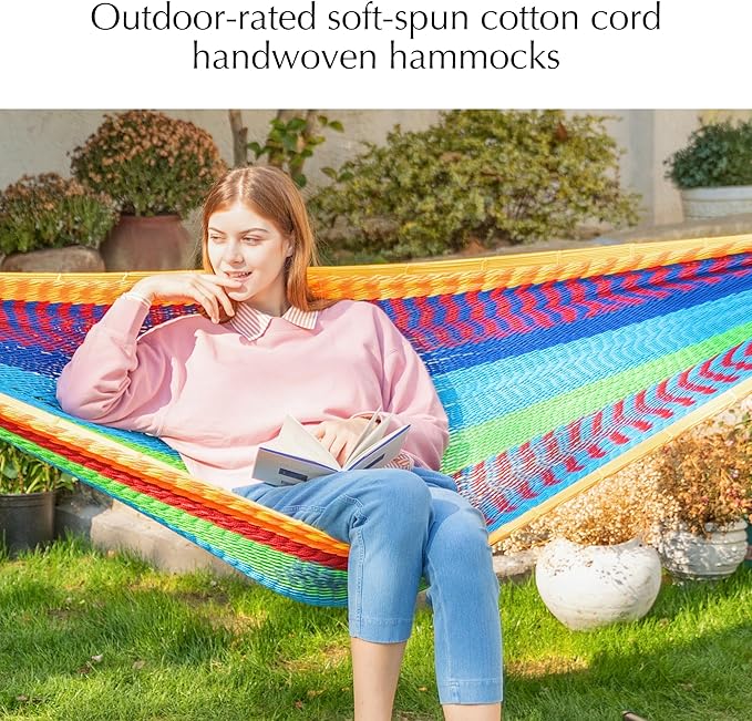 PNAEUT Handwoven Mayan Hammocks for Outside, Handwoven Thick Soft Rope Double Hammocks for Outdoor Indoor, Max 600 lbs Capacity, Tree Straps, Carabiners & Carrying Bag Included (Tropical, X-Large)