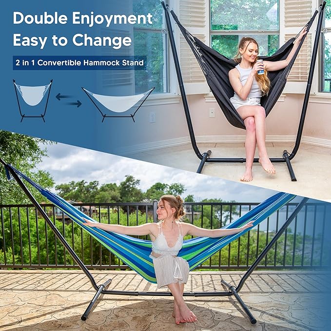 SUNCREAT 2-in-1 Hammocks Hammock Chair with Stand, 475 lbs Capacity, Heavy Duty Two Person Hammock with Stand, Patented, Blue Stripe