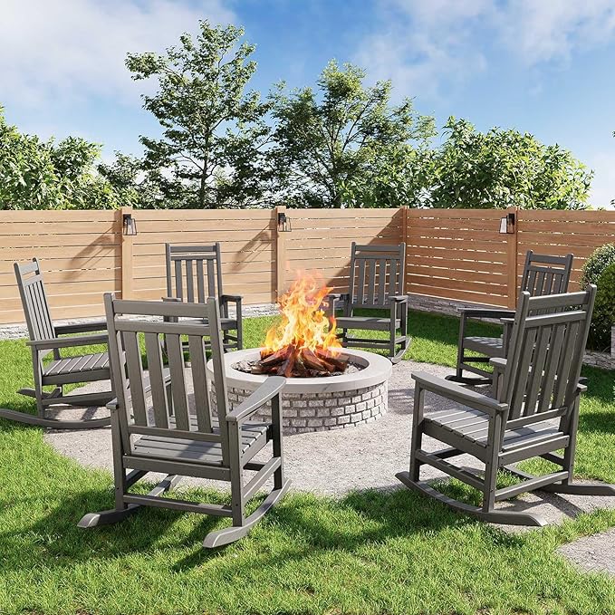 HDPE Rocking Chair Outdoor Set of 2 - Poly High Back Porch Rocker Chairs for Adults - All Weather Resistant Furniture for Patio Front Porch - Gray