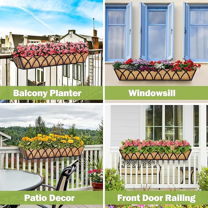 30 Inch Window Deck with Coco Liner Set of 4, 30" Window Boxes Horse Trough with Coconut Coir Liner, Metal Hanging Flower Planter Basket Deck Railing Planter Boxes for Outdoor Indoor Lawn