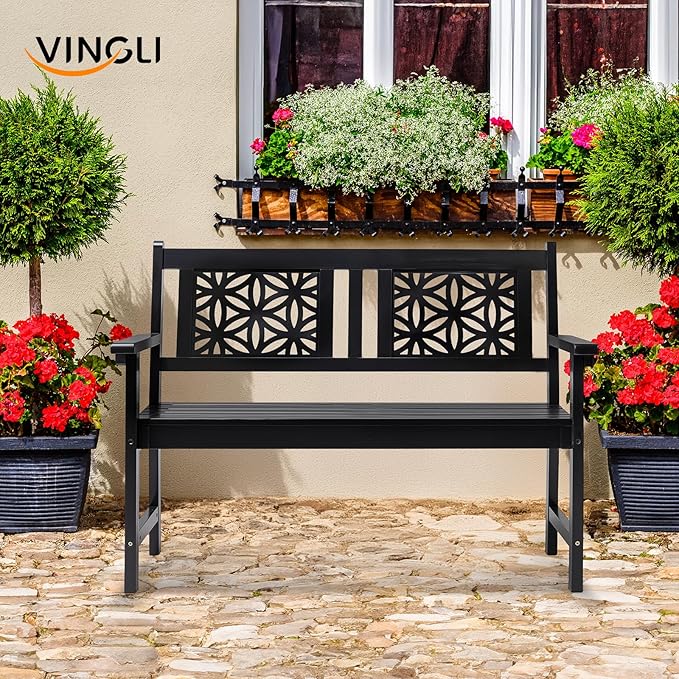 VINGLI 47" Outdoor Wood Bench, All Weather Outdoor Wooden Patio Garden Bench, Outside Loveseat 660lbs Capacity for Front Porch Park Entryway (Black)