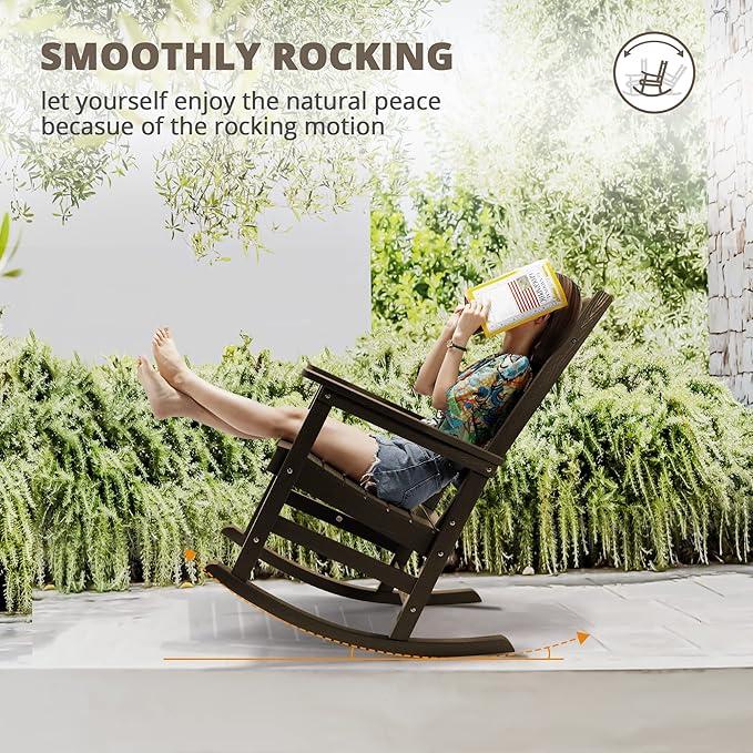 LUE BONA Outdoor Rocking Chairs Set of 2, Weather Resistant HDPS Poly Rocker Chairs, 350lb Heavy Duty, Oversized Porch Rocker for Adult, High Back Smooth Rocking Chair for Outdoor & Indoor, Brown