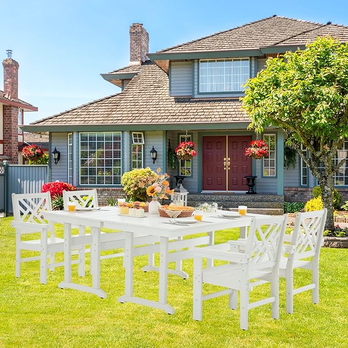 HDPE Outdoor Dining Set,6-Piece Outdoor Table and Chairs Include 4 Dining Chairs and 2 Pcs 62.5" Patio Dining Table with Umbrella Hole (White)