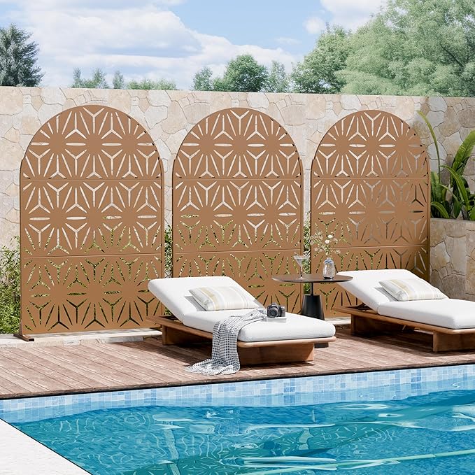 Casaphoria Metal Privacy Screen Outdoor, 72" H x 47" W Arched Freestanding Decorative Privacy Screen for Patio Deck Balcony Garden with Stable Base, Brown-Star