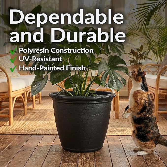 Sunnydaze 24-Inch Anjelica Large Plastic Pot for Plants - Outdoor Double-Walled Large Plastic Planter with Drillable Drainage Holes - Matte Black - 4pk