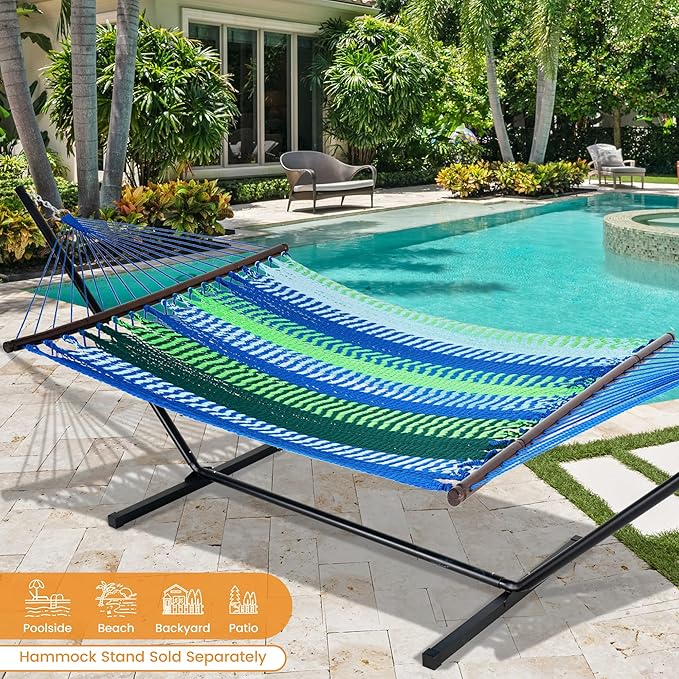 Lazy Daze Hammocks 10.5 FT Double 2 Person Caribbean Rope Hammock, Hand Woven Polyester Hammock with Spreader Bars, for Outside Outdoor Backyard Patio Poolside, 450 LBS Capacity, Blue/Green