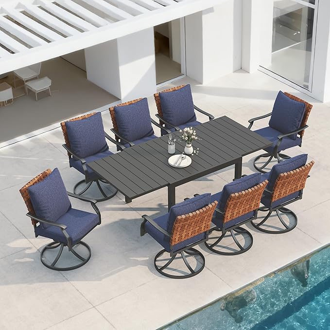 Grand patio 9-Piece Outdoor Dining Set, 8 Leather-Look Wicker Blue Swivel Patio Chairs & 1 Expandable Dining Table, Black