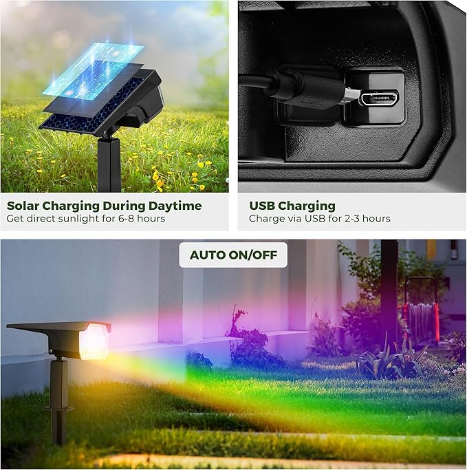 Kingsyard Solar Lights Outdoor Waterproof IP68, 47 LEDs 3 Lighting Modes USB & Solar Powered Garden Yard Pathway Spot Lights for Outside Landscape, Auto On/Off, 6 Pack(Warm White)