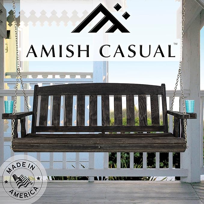 Amish Casual Heavy Duty 800 Lb Mission Treated Porch Swing with Hanging Chains and Cupholders (4 Foot, Semi-Solid Black Stain)
