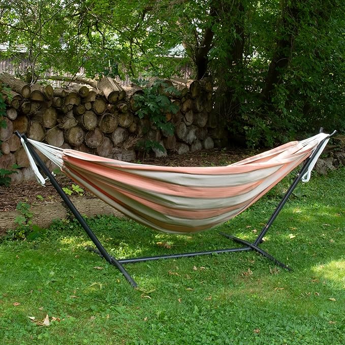 Vivere Double Sunbrella Hammock with Space-Saving Steel Stand, Heavy-Duty Portable Outdoor Hammock Set for Backyard, Patio, or Travel, Cameo