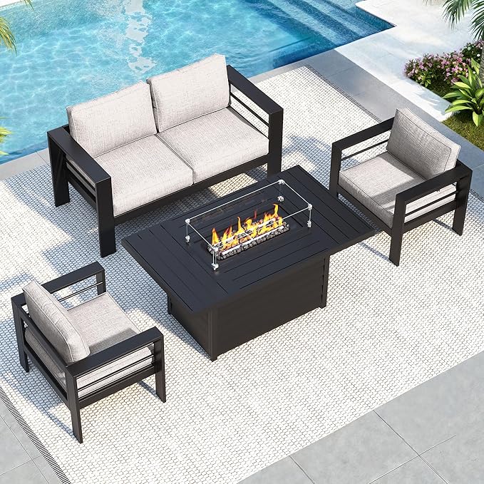 Solaste Aluminum Patio Furniture Set with Fire Pit Table, 4 Piece Metal Outdoor Furniture with Water-Resistant Cushions, Modern Patio Conversation Set for Backyard,Black Frame and Grey Cushion