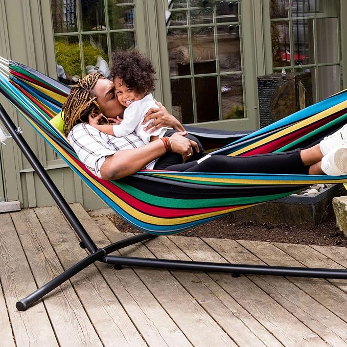 Vivere Double Cotton Hammock with Space Saving Steel Stand, Upgraded Polyester End Strings 450 lb Capacity - Premium Carry Bag Included - (Rio Night)