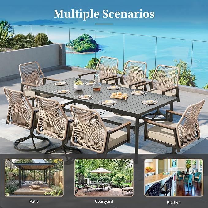 Patio Dining Set 7 Piece, 6 x Woven Rattan Swivel Chairs with Waterproof Cushion, 59" Rectangular Metal Dining Table with Umbrella Hole, Outdoor Table and Chairs Set for Backyard Lawn and Deck, Beige