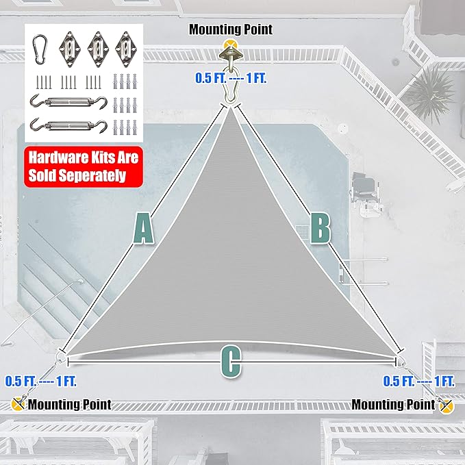 Amgo 8' x 8' x 8' Grey Triangle Sun Shade Sail UPF50+ Canopy Awning AGSLT, 95% UV Blockage, Water & Air Permeable, 200GSM Heavy Duty Commercial and Residential (We Make Custom Sizes)