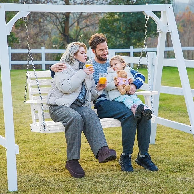 KINGYES Outdoor Hanging Porch Swing, Waterproof Swing with Cup Holders for Courtyard & Garden, 660LBS Weight Capacity, White