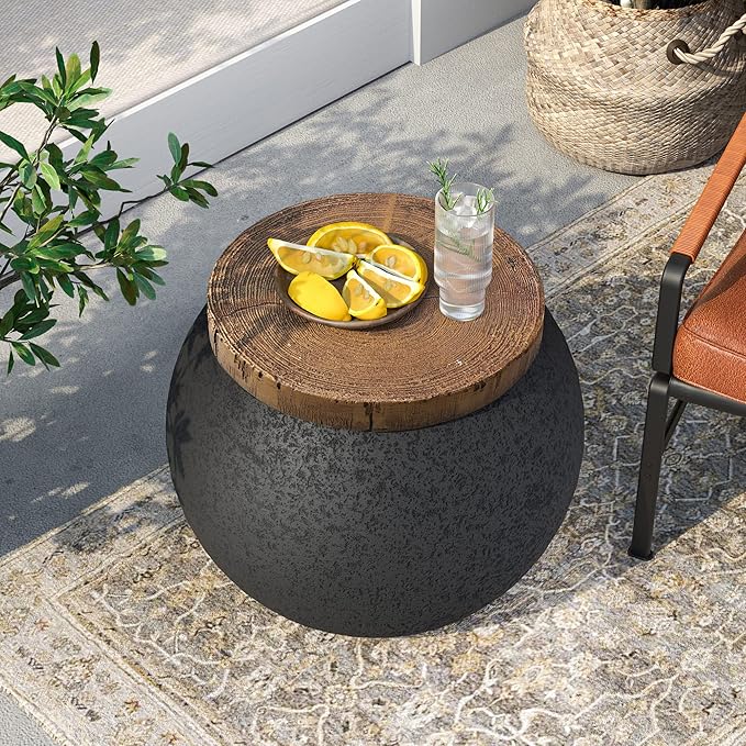 SUNBURY Outdoor Side Table Set of 2, 14" W Outdoor End Accent Side Table, Patio Decorative Garden Stool Wooden-Look Top for Livingroom, Garden, Backyard