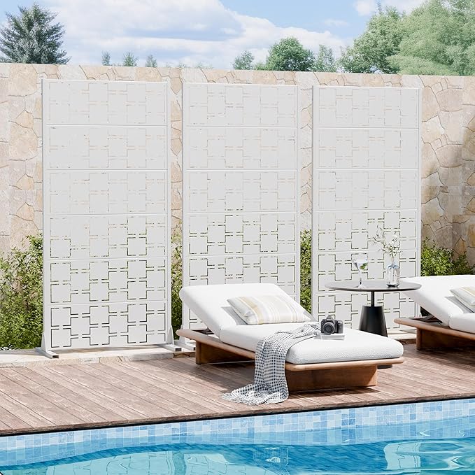 Casaphoria Metal Privacy Screen Outdoor, 72" H x 35" W Freestanding Decorative Privacy Screen for Patio Deck Balcony Garden with Stable Base, White-Square