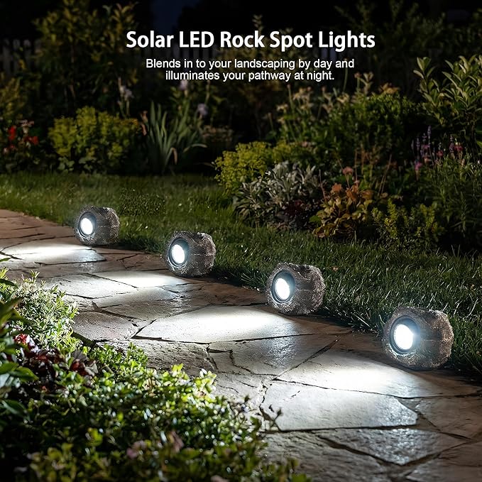Solar Rock Lights Outdoor Garden Waterproof - Super Bright LED Solar Spotlights, Solar Powered Landscape Path Decorative Garden Stone Lights for Pathway, Walkway, Yard, Patio (4 Pack)