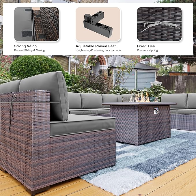 Kullavik 13 Pieces Outdoor Patio Furniture Set,PE Wicker Rattan Sectional Sofa Patio Conversation Sets with 43" 55000BTU Gas Propane Fire Pit Table,Swivel Rocking Chairs Set,Grey